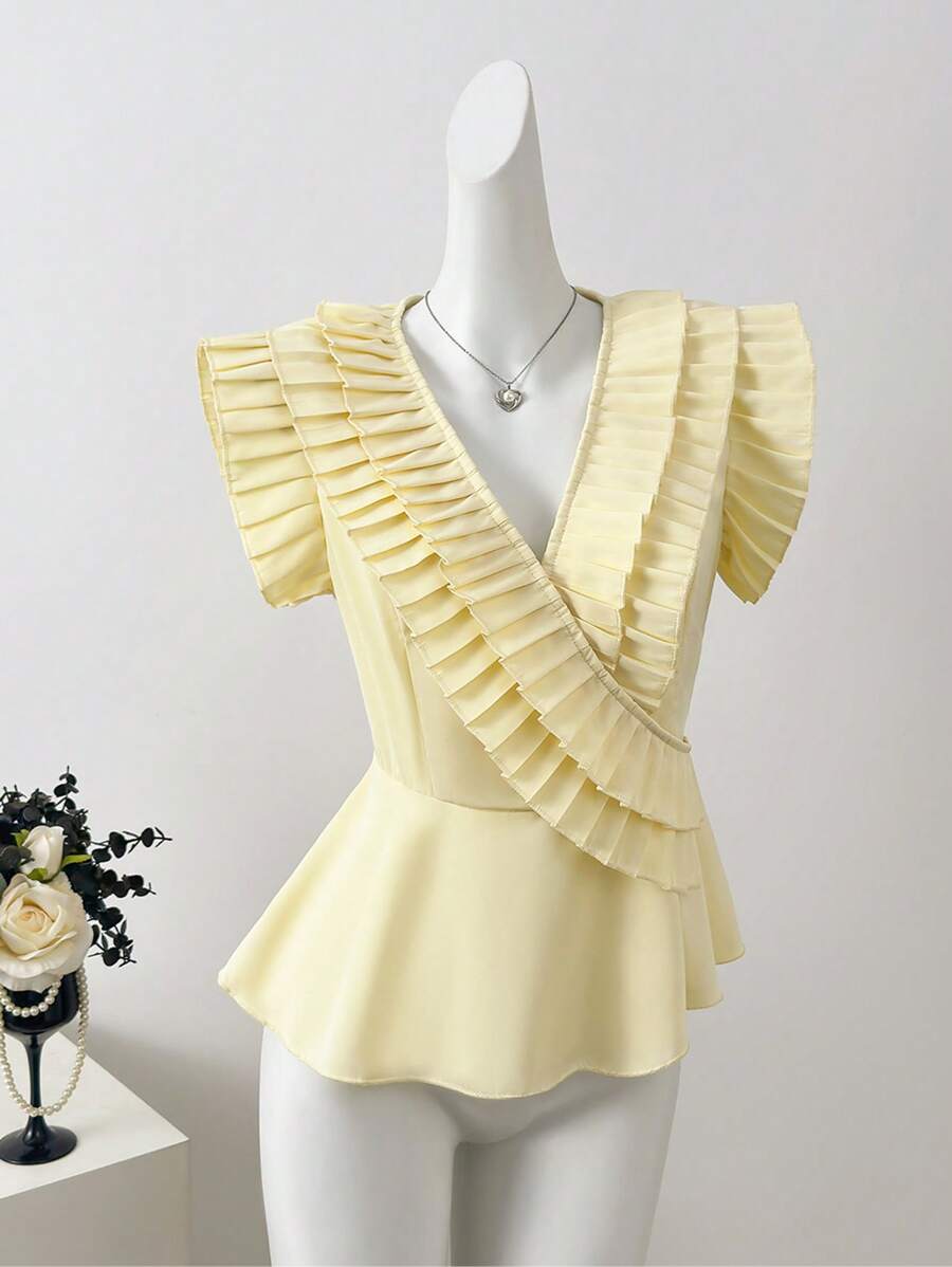 SHEIN Clasi Solid Color Cross-Wrapped Cap Sleeve Ruffle Patchwork Elegant Blouse For Women - Yellow - View 1