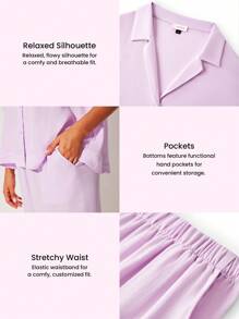 LUVLETTE Breathable Cotton Linen Basic Short-Sleeve Button-Up Top & Pants Loungewear Airy Pajama Set Fashion Casual Comfy Outfits Pants With Pockets  Lingerie As Outerwear