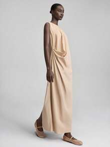 Ontre 2025 Spring & Summer Solid Color Draped Sleeveless Dress, Women Casual Graduation Dress, Easter Dress, Elegant Flowing Party Dress, Graceful Vacation Dress, Comfortable Bridesmaid Dress, Beach Dress - Khaki - View 5