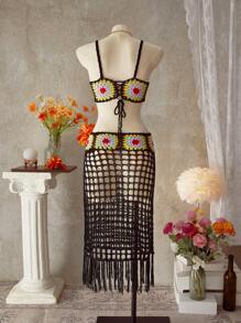 Swim Vcay Bohemian Style Handmade Crochet Floral Tassel Women's Swimsuit Set For Beach Resort For Summer Beach Vacation