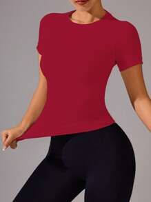 Easithlete 纯色圆领无缝短袖运动 T 恤，夏季压缩衬衫，修身衬衫，健身房女士衬衫