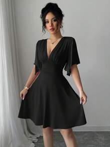 Elenzga 全新 V 领、褶饰、胸围、荷叶边、袖子、束腰、优雅黑色女式迷你连衣裙