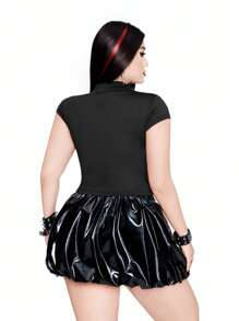 Flirla Camiseta diaria de talla grande para mujer, con cuello alto, efecto color block y cordón - Negro - Ver 2