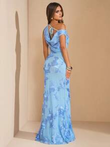 SHEIN BAE Blue Solid Color Asymmetric Bodycon Textured Floral Dress, Fitted Beach Holiday Dress