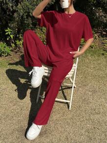 SHEIN EZwear 针织纹理宽松T恤和裤子休闲套装，夏季 - 酒紅色 - 查看 7