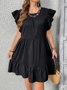 SHEIN Tall Plus Size Casual Solid Color Ruffle Hem Dress, Summer - Black - View 1