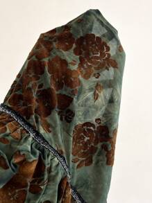 Elamini Women's Summer Western Music Festival Vintage Flocked Floral Square Neck Ruched Short Sleeve T-Shirt - Green - View 6