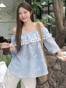 DAZY Women's Floral Print Off Shoulder Ruffle Trim Flowy Casual Summer Top Shirt Vacation - Blue - View 6