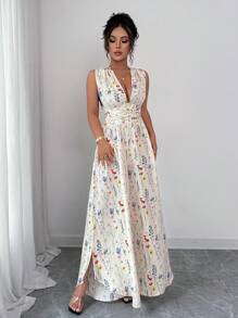 Elenzga Women's Holiday Summer Outfit, Graduation, Independence Day, Inspired By Ibiza, Romantic Alluring Woven Daisy Ditsy Floral Halter Criss-Cross Open Back Bowknot Deep V Waist Cut Open Leg Jumpsuit - Apricot - View 5