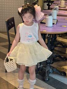 DAZY 女童卡通印花上衣和薄纱裙两件套，女童夏季服装