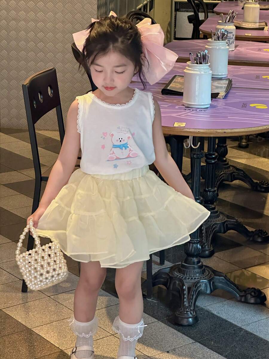 DAZY 女童卡通印花上衣和薄纱裙两件套，女童夏季服装