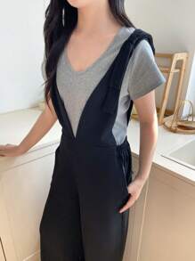 Teenagers (Girl) Casual Versatile Loose Cute Bow V-Neck Jumpsuit, Suitable For School, Outing, Commuting - Black - View 3