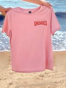 SHEIN EZwear Oversized Casual Cherry Print Round Neck Short Sleeve Loose T-Shirt For Women, Summer Back To School, Cotton Blend Suitable For Going Out