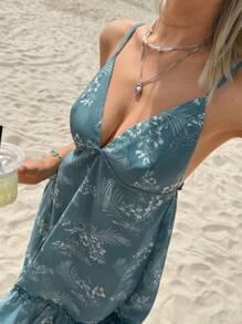 SHEIN Bubbli Women's Tropical Plant Print Sexy Mid-Length Vacation Beach Cami Dress - Multicolor - View 3