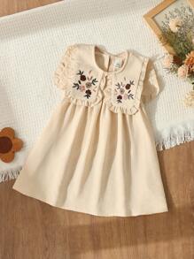 Blossori Baby Girls Country Holiday Style Floral Embroidered Collar Sleeveless Dress - Khaki - View 5