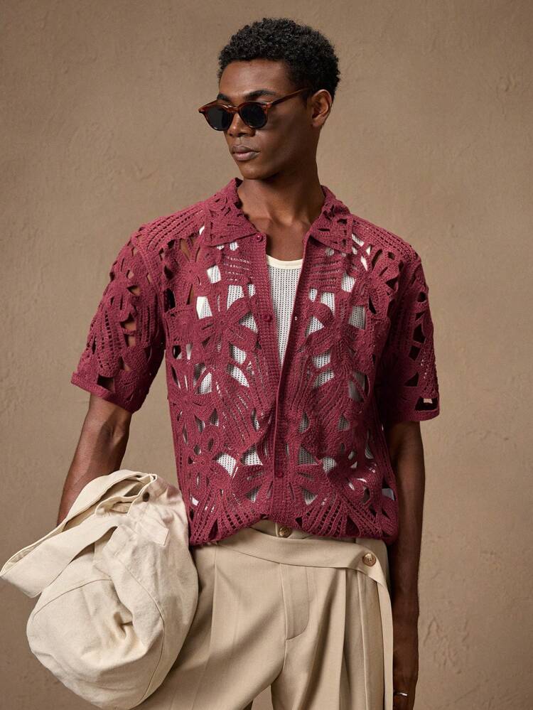 2pcs Men Crochet Floral Maroon & Beige Fashionable Casual Slim Fit Turndown Collar Short Sleeve Cardigan Knitwear, Suitable For Summer, Vacation, Daily Matching, Party, Couple, Men Gift