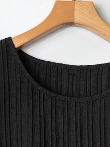 Linhara 2 件套大码女式圆领单排木扣荷叶边下摆上衣和宽松阔腿裤，韩版休闲优雅办公室和度假装，夏季 - 黑色 - 查看 3