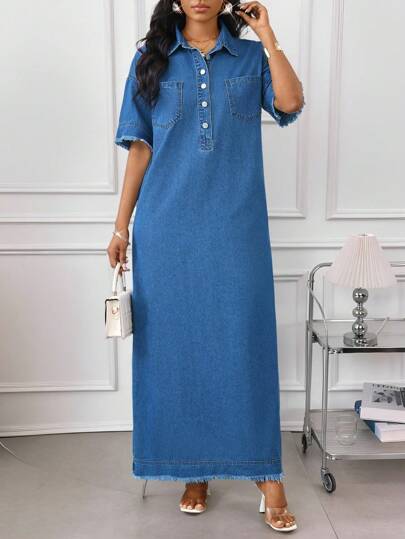 SHEIN Lady 女式牛仔长款短袖连衣裙，休闲修身款式，蓝色