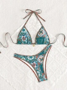 Swim Vcay 女士夏季度假装 2 件套 露背随机花卉印花上衣和高腰复古比基尼泳裤