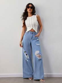 SHEIN Tall Jeans azules de pierna ancha y suelta con rasgados para mujer