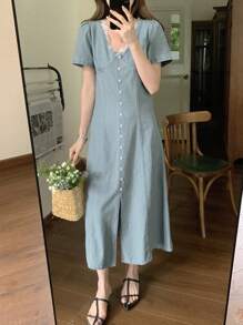 DAZY Váy denim cổ điển màu nhạt có cổ ren, cạp chun, dài - Rửa nhẹ - Xem 8