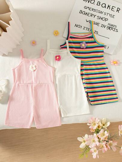 SHEIN Genkimix Kids Young Girl' Summer New Arrival Knit Jacquard Fabric Solid Color Sleeveless Romper In White/Pink/Colorful, 3 Colors, Front Floral Decor, Casual Fashion Striped Jumpsuit