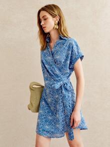 Écloséra Vestido feminino estilo francês retrô casual férias viagem azul bordado manga curta vazado - Azul - Ver 3