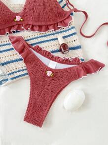 Swim Mod Women Solid Color Push-Up Spaghetti Strap Red Bikini Set, Bathing Suit For Summer Beach Vacation