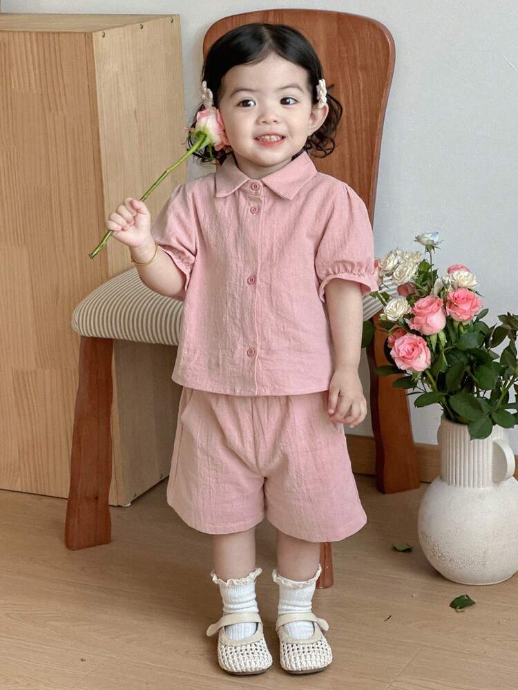 2pcs Baby Girls Polo Collar Solid Color Casual Shirt And Shorts Set Toddler Girls Clothes