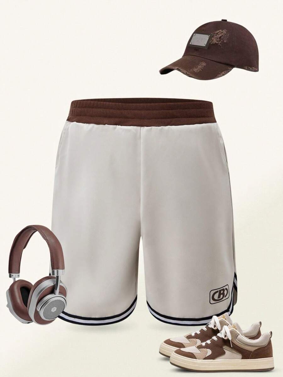 SHEIN Explorewe 2 件装青少年男童休闲运动短裤，夏季新款简约文字刺绣撞色运动短裤