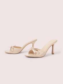 CUCCOO DOLLMOD Apricot Wrinkled Bow Decor Cute Fashion Comfy Round Toe High Heel Mules - Apricot - View 6