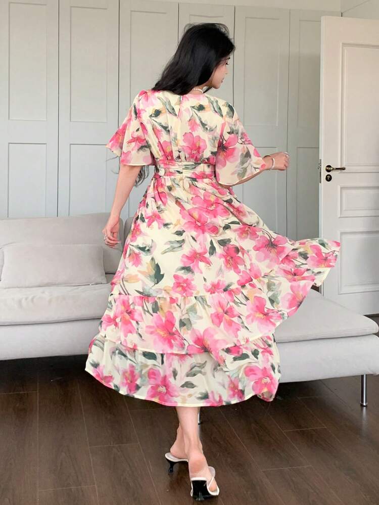 Floral Print V-Neck Ruffle Sleeve Mid-Length Dress For Women Vacation Outfits Women Easter Dress Boho