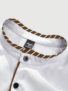 Manfinity Mode Men's Casual Summer Short Sleeve Striped Stand Collar Shirt, Slim Fit Button-Down Casual Shirt With Contrast Color Pocket Design, Versatile For Daily, Casual, Holiday, Commute, Gift For Husband Or Boyfriend Men Fitted Shirts Men Designer Shirts Style Shirts For Men Mens Fashion Shirts Men Dress Shirts Short