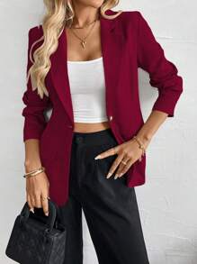 SHEIN Unity 女式素色简约长袖休闲西装外套 - 紅色 - 查看 3