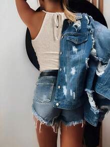 INAWLY Áo ba lỗ ren tổ ong bó sát dành cho nữ đi nghỉ mát thường ngày - Màu be - Xem 2