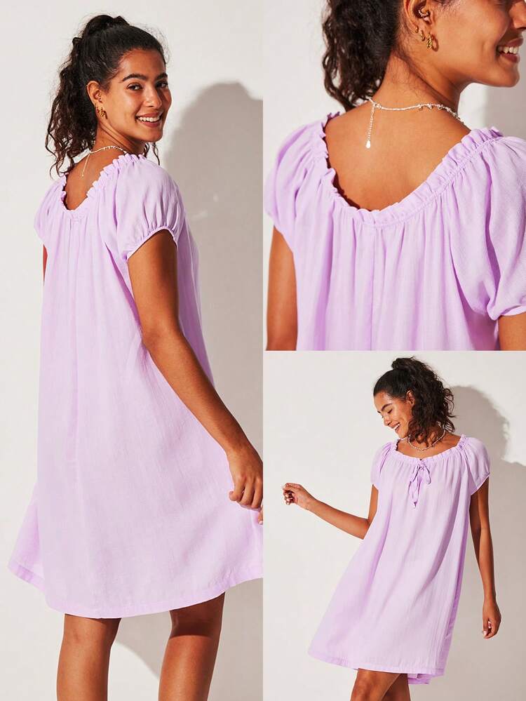 Camisón de algodón y lino con volantes, de estilo isleño, transpirable, de manga corta y holgado, para mujer, como ropa exterior y pijama, para primavera y verano