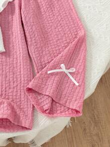 Set de 2 piezas para niñas (tamaño pequeño) que incluye una camiseta texturizada con decoración floral 3D y pantalones casuales largos, adecuado para estar en casa y salidas casuales