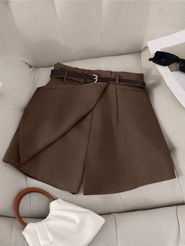 Franclia Pantalones cortos de mujer de talla grande con unicolor y decoración de cinturón, versátiles para el trabajo, el transporte, la fiesta, el casual, pantalones cortos de verano