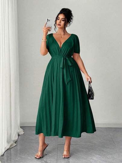 Elenzga Plus Size Elegant Solid Color V-Neck Gathered Waist A-Line Dress Women Casual Dress Women Dresses Birthday Women Plus Sun Dress Women Birthday Outfit Women Dresses Elegant Gown