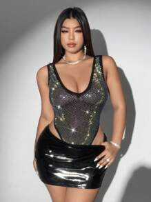 Viva Relle 性感水钻网眼无袖紧身衣，适合派对、音乐节，加大码 - 黑色 - 查看 7