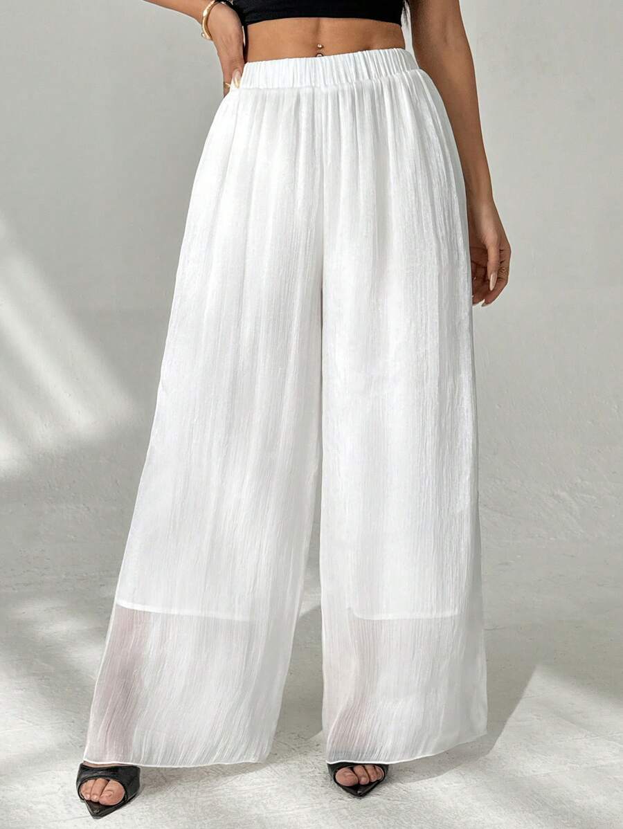 SHEIN PETITE Women's Casual White Wide Leg Long Pants - High Waist Flowy Design In Textured Woven Fabric For Everyday Comfort. - White - View 1