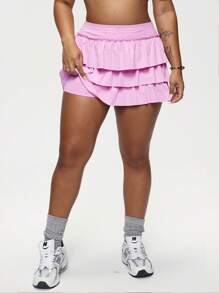 Easithlete Quần thể thao mùa hè xếp nếp nhiều lớp màu trơn cỡ lớn dành cho nữ - Hồng - Xem 5