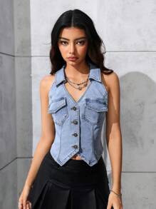 SHEIN EZwear 女士单排扣休闲牛仔背心 - 淺色水洗藍 - 查看 4