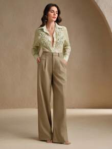 Anewsta Women's Sage Green Woven Fabric Top With Floral Embroidery Detail Long Sleeves And Shirt Collar - Green - View 5