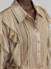 Ontre Women's Solid Color Ruffle Decor Long Sleeve Blouse, Elegant Ladies Summer Clothing