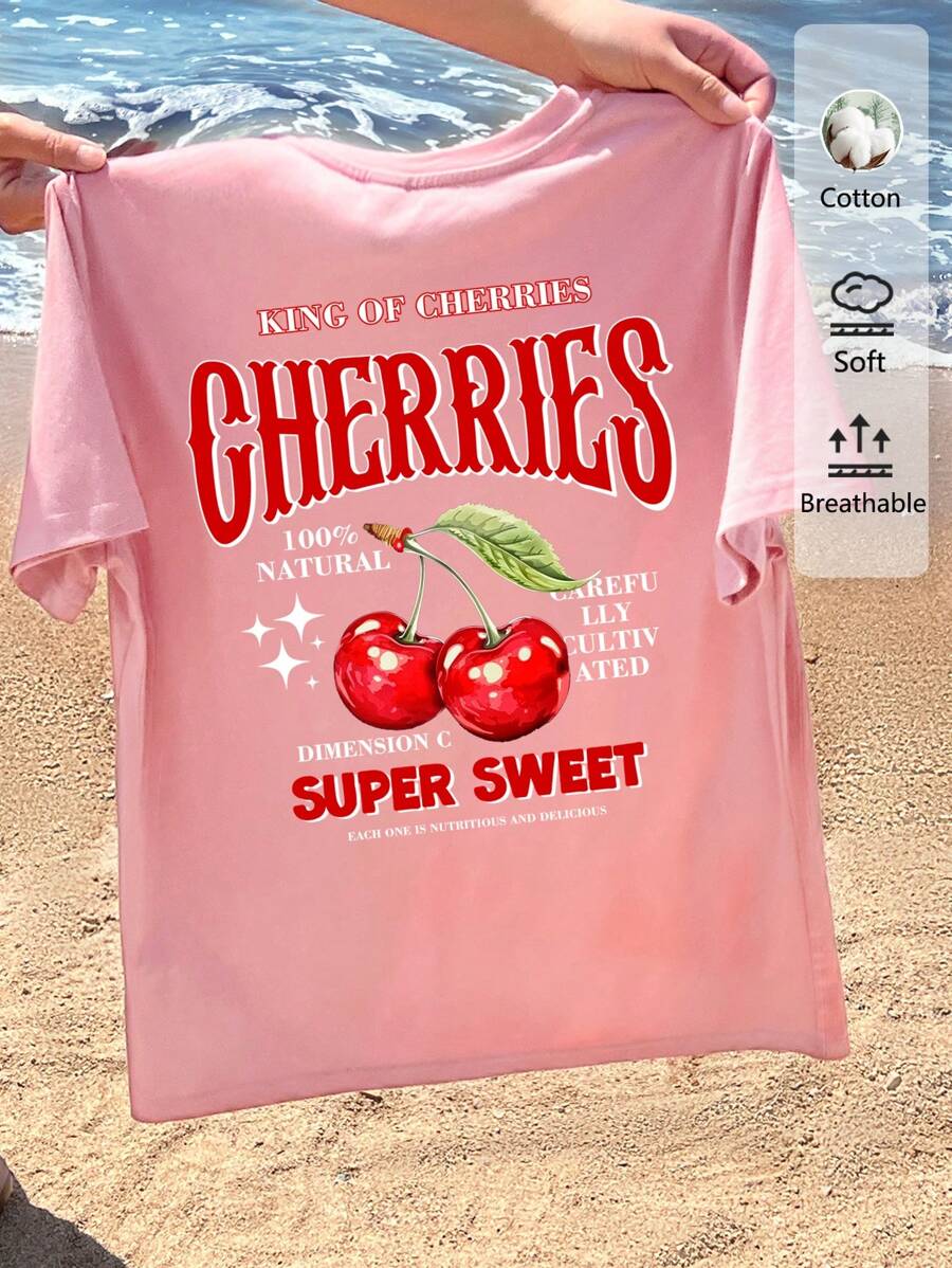 SHEIN EZwear Oversized Casual Cherry Print Round Neck Short Sleeve Loose T-Shirt For Women, Summer Back To School, Cotton Blend Suitable For Going Out