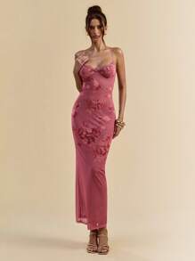 SHEIN BAE 花卉印花无袖紧身连衣裙，蕾丝花边，优雅女士长裙 - 藕粉色 - 查看 5