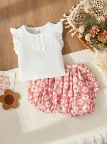 Blossori Set 2 Potong untuk Bayi Perempuan: Kaos Lengan Ruffle Putih dan Celana Pendek Motif Bunga Daisy Merah Muda, Untuk Liburan/Rekreasi - MultiWarna - View 1