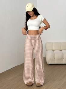 SHEIN EZwear 时尚休闲粉色条纹女长裤 - 藕粉色 - 查看 4