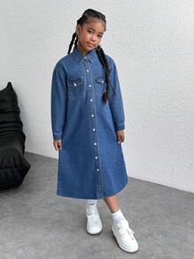 Vestido longo jeans azul-marinho folgado, estilo urbano e estiloso, estilo Y2K para meninas adolescentes, estilo folgado, mangas compridas, casual e versátil para meninas adolescentes, fantasia para o dia a dia, roupas para meninas adolescentes e trajes de rua para meninas adolescentes. - Lavagem Média - Ver 4